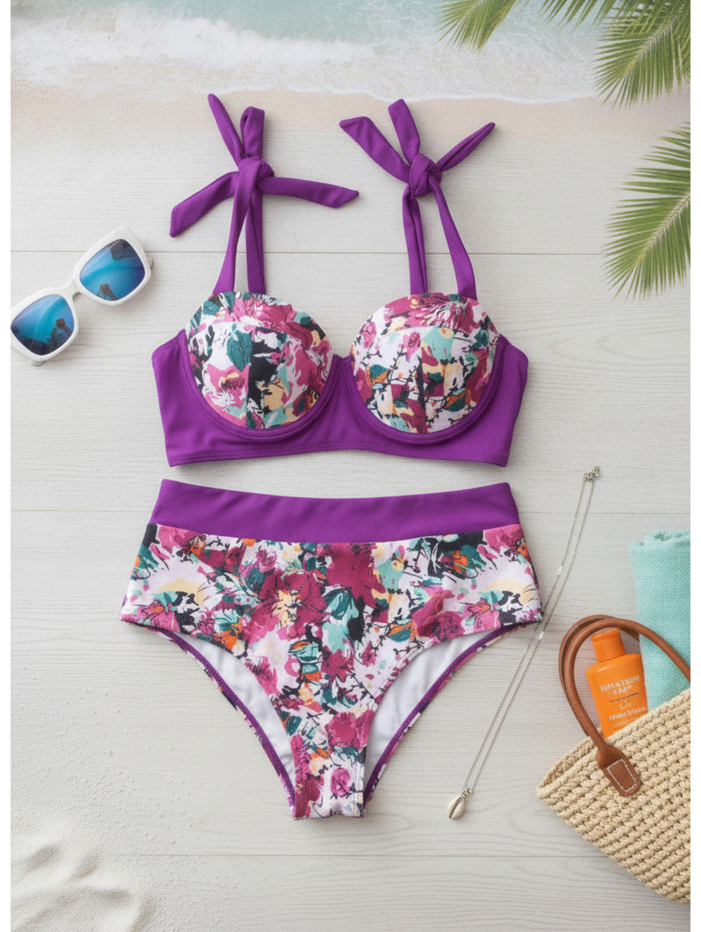 Purple Floral Two-Piece Bikini Swimsuit Set Size Large